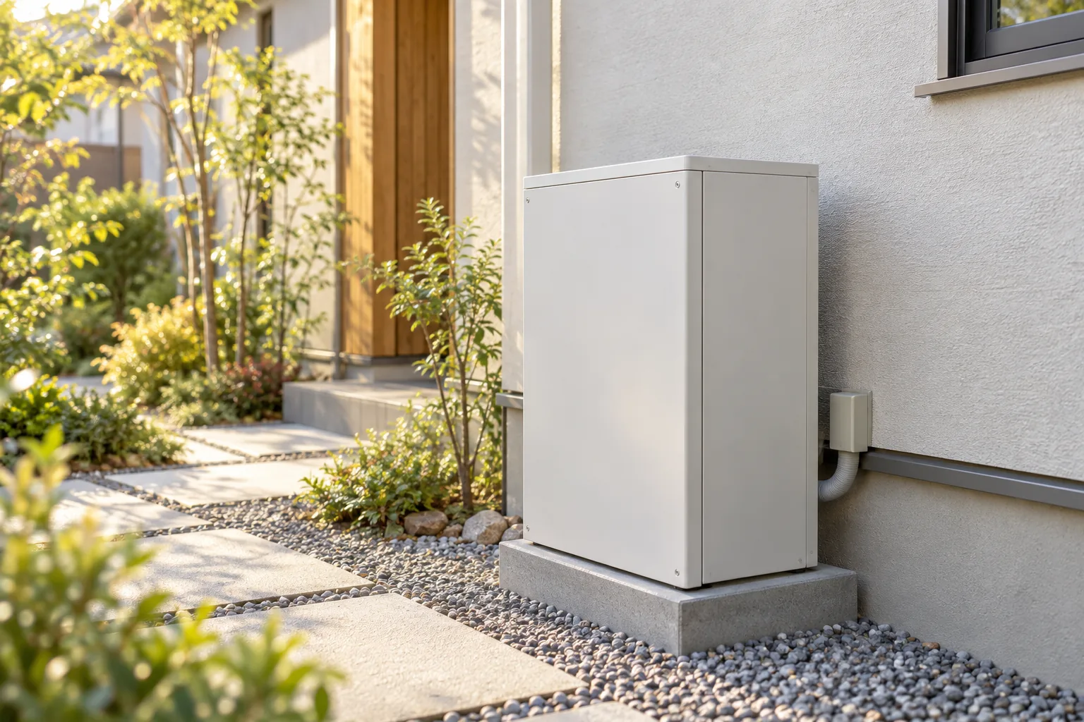住宅の外壁脇に設置された家庭用蓄電池のイメージ