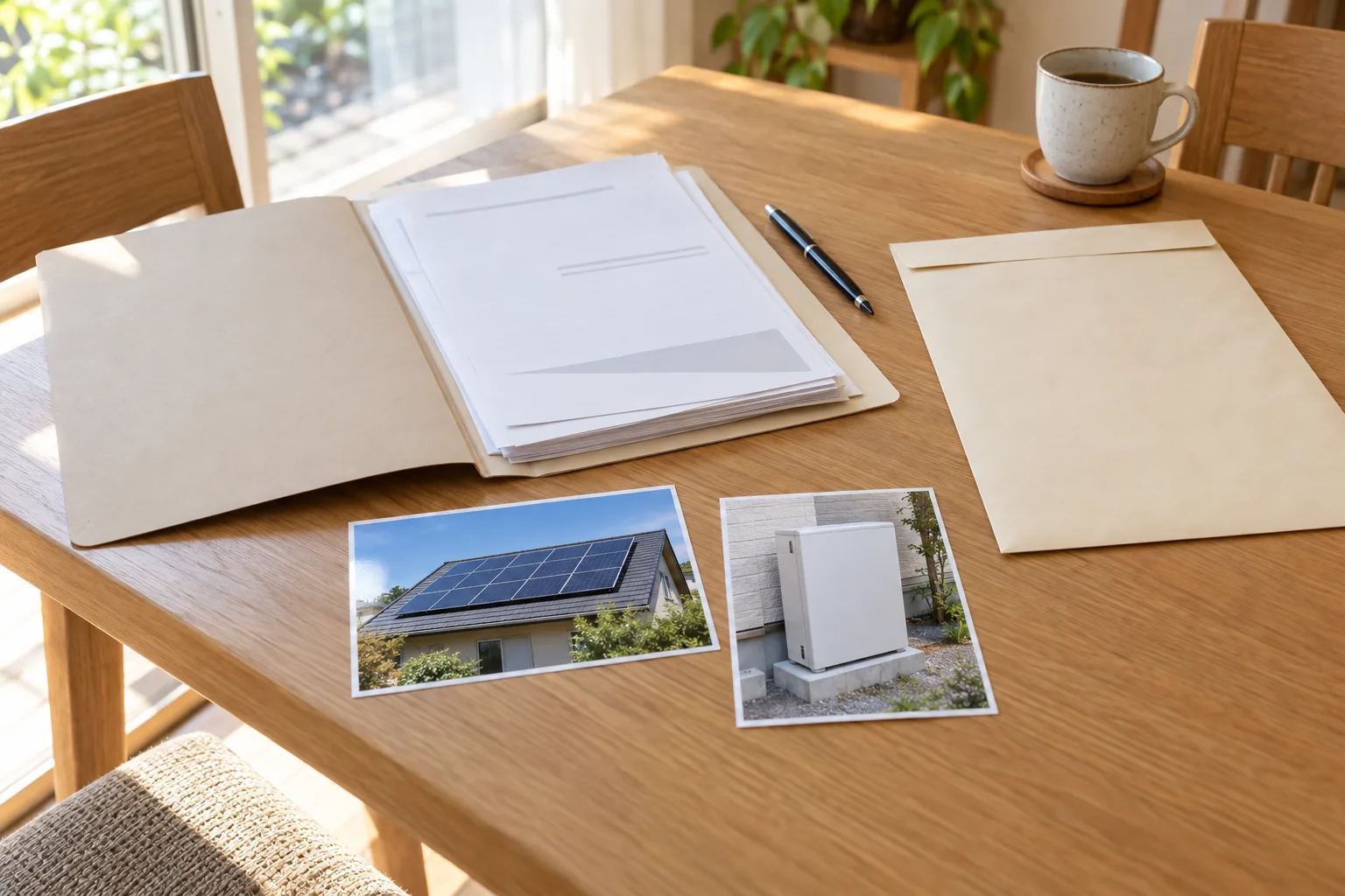 自宅の机で申請用の書類と太陽光・蓄電池の設置写真、封筒をそろえたイメージ