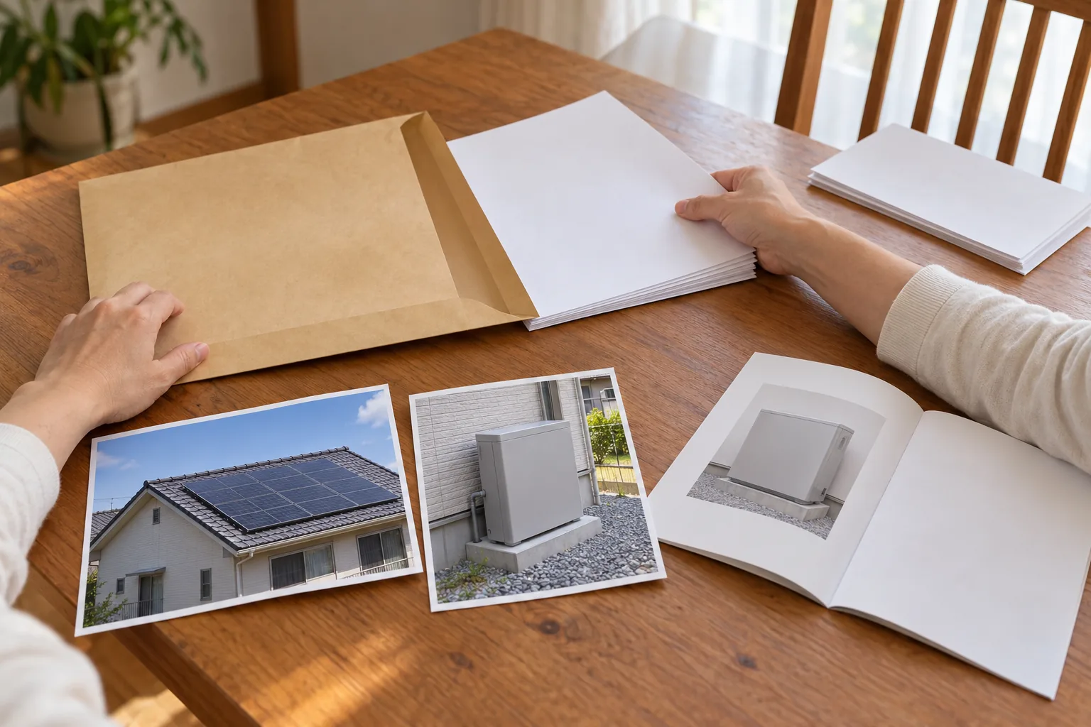 設置済みの太陽光パネルと蓄電池の写真、紙の書類、封筒をそろえる手元のイメージ