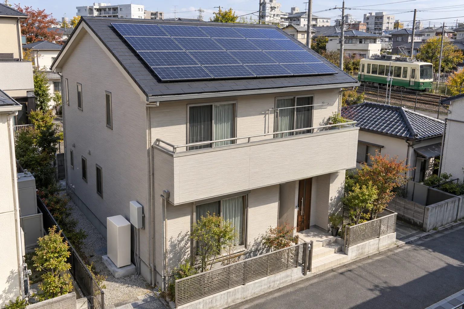 都電が見える架空の住宅地で、屋根に太陽光パネル、外壁沿いに蓄電池を備えた2階建て住宅のイメージ