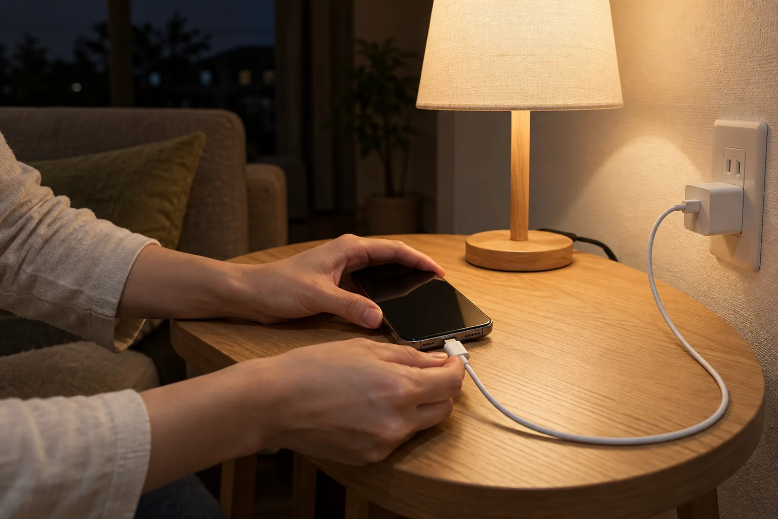 夜の室内で、照明のもとスマートフォンに充電ケーブルをつなぐ手元