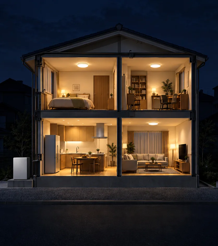 停電時に4つの部屋へ電気を送れる範囲を明るく示した家の断面