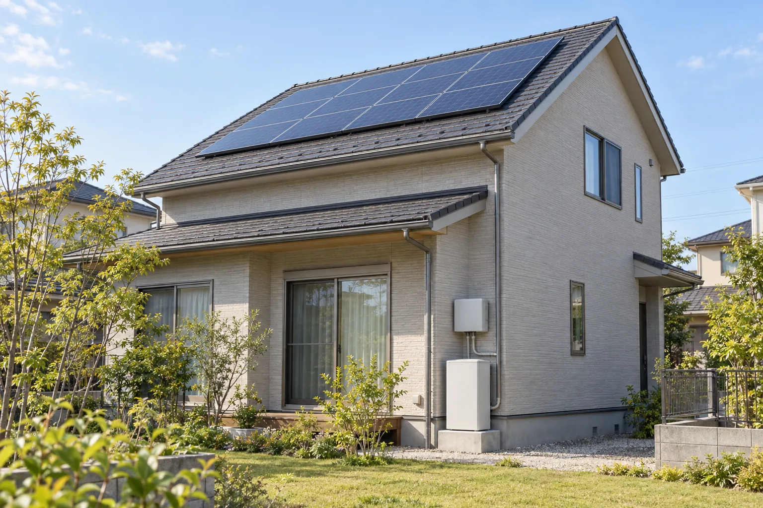 太陽光パネルのある住宅の外壁脇に蓄電池とパワーコンディショナを設置したイメージ