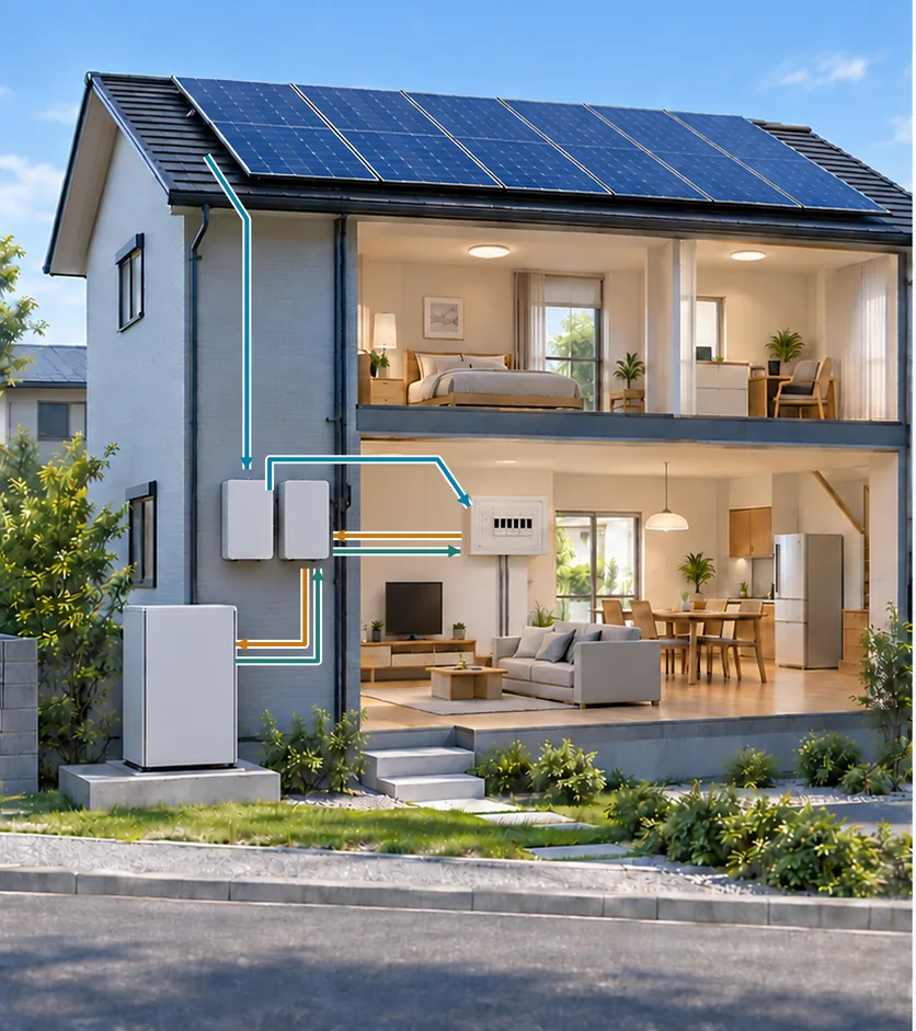 太陽光用と蓄電池用のパワコンを別々に設け、分電盤を介して充電・放電する構成図