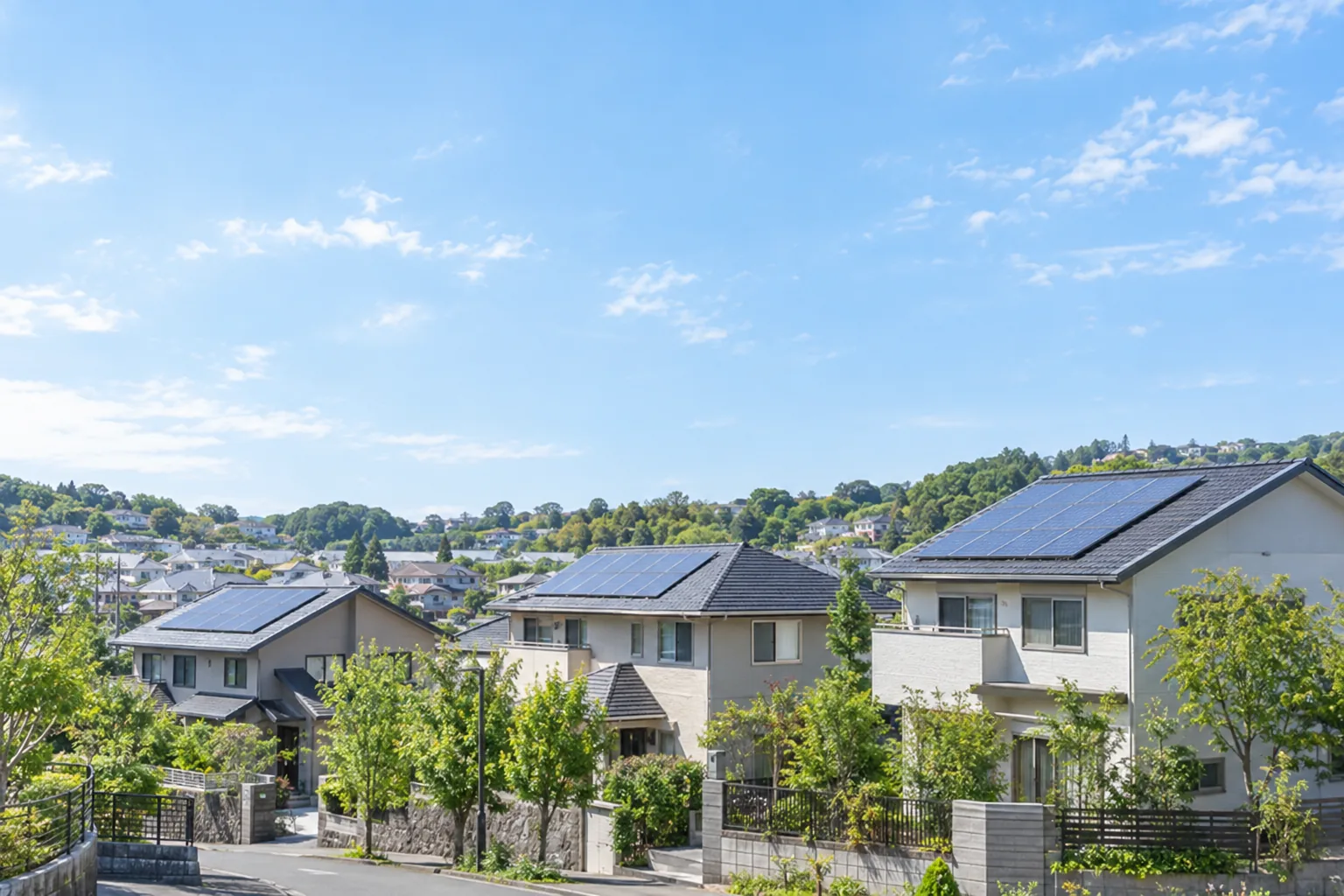 緩やかな丘陵に太陽光パネル付きの戸建住宅が並ぶ住宅街