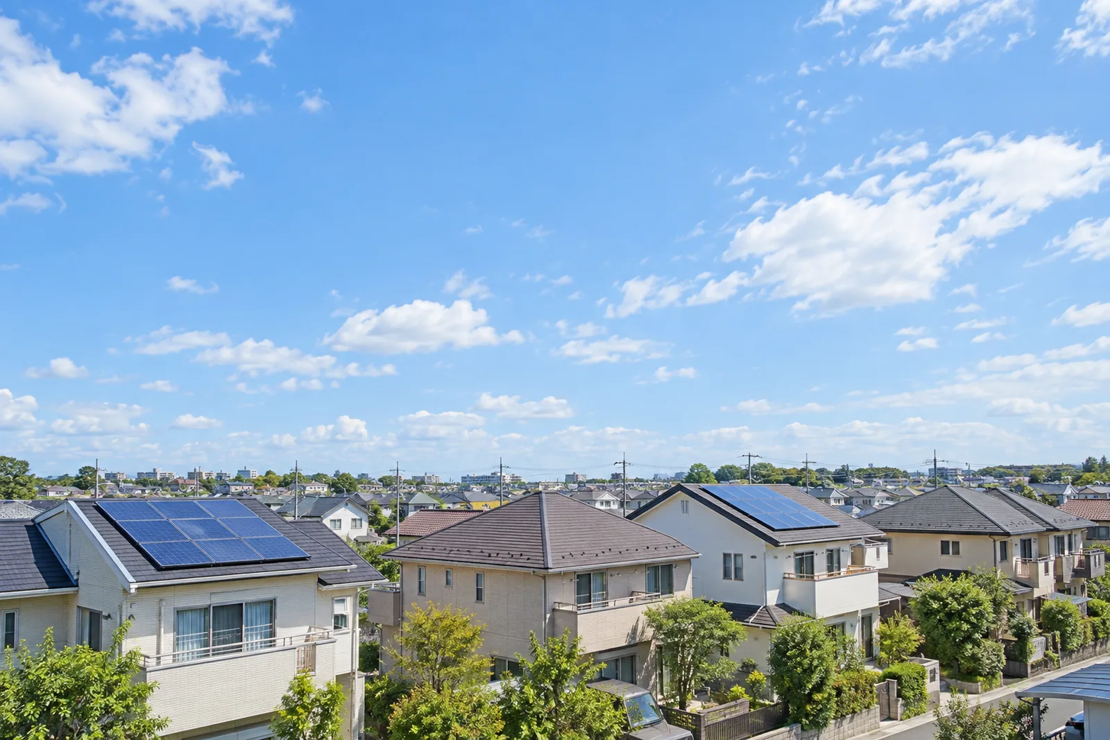 太陽光パネルを設置した戸建てが並ぶ住宅街