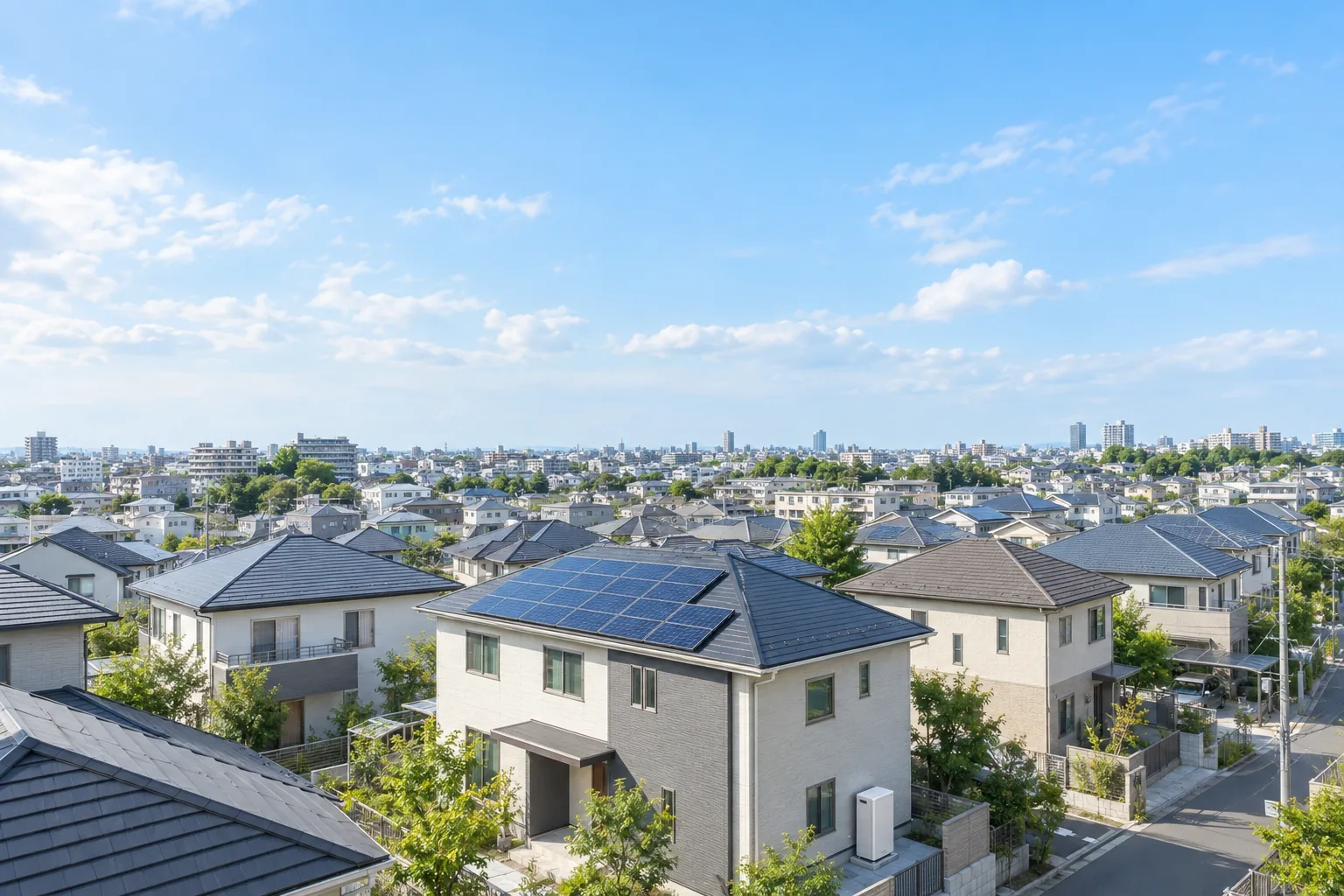 太陽光パネルと家庭用蓄電池のある市街地の戸建住宅