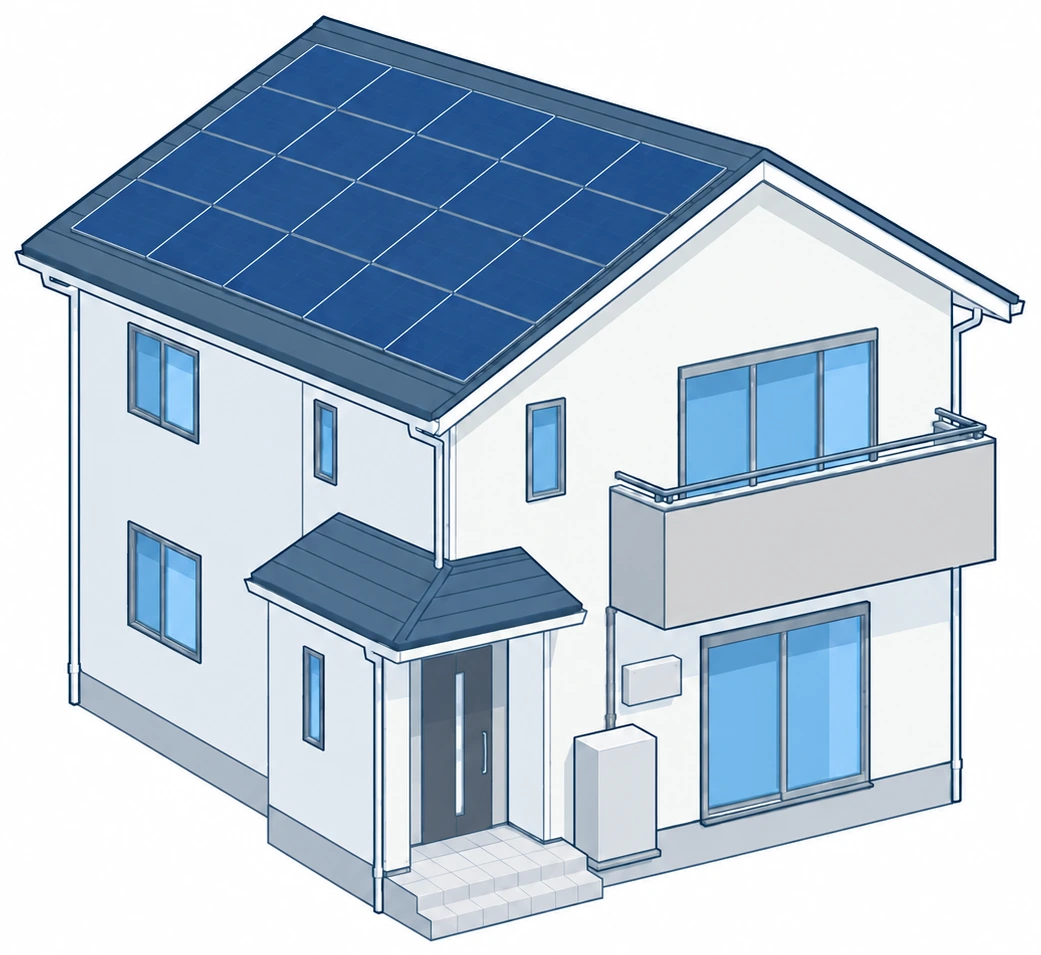 太陽光パネルと家庭用蓄電池とパワーコンディショナのある戸建てのイラスト