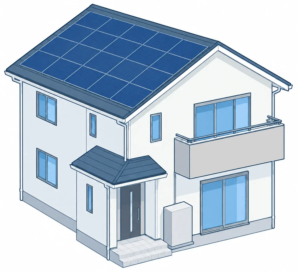 太陽光パネルと家庭用蓄電池のある戸建てのイラスト