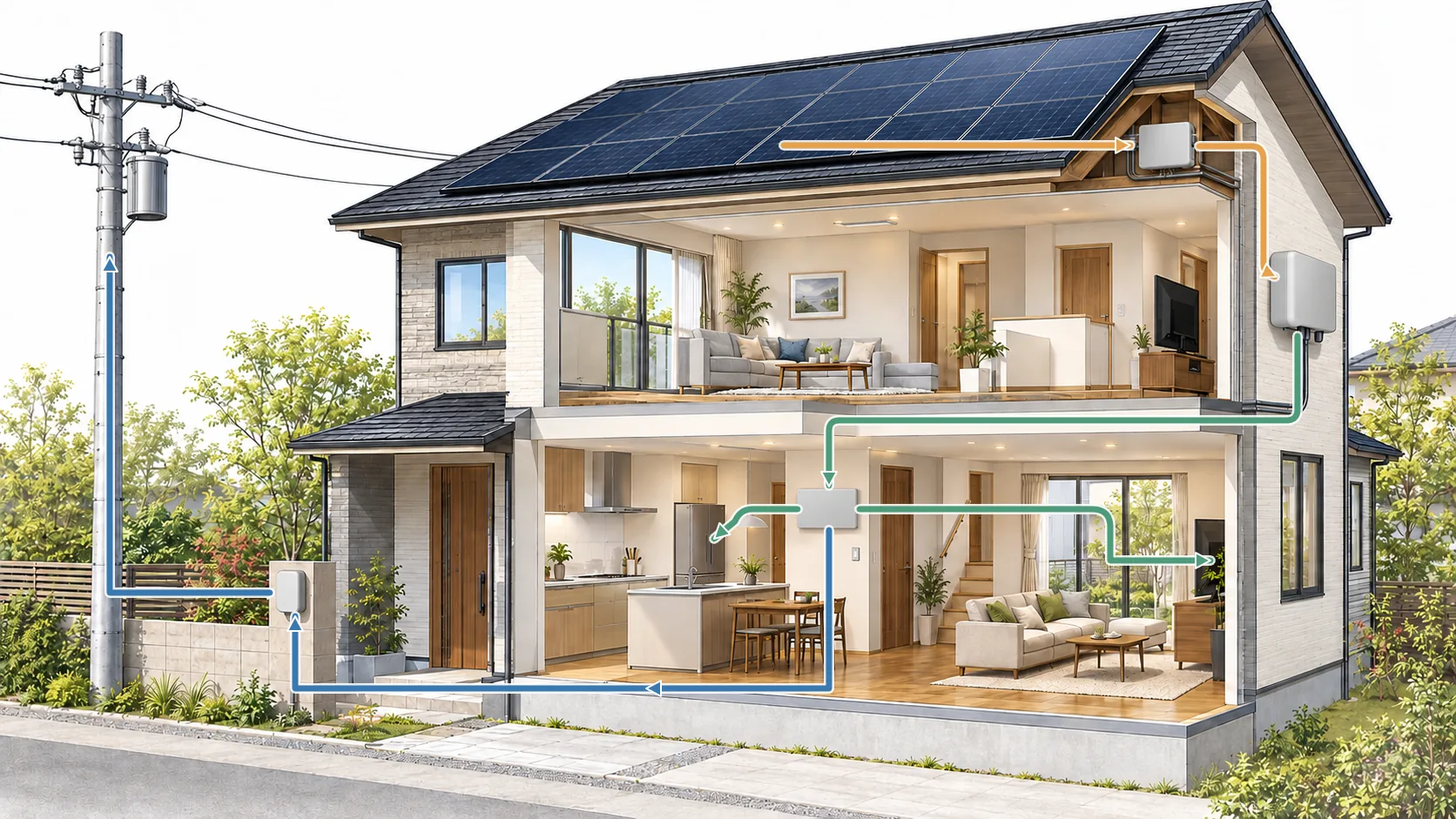 住宅の太陽光パネルでつくった電気を家で使い、余った分が電力量計を経て電線へ向かう模式図