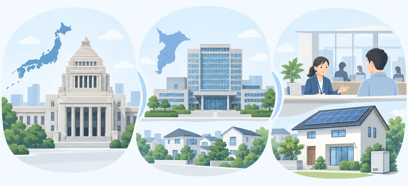 国・県・市の3つの窓口と戸建て住宅のイラスト