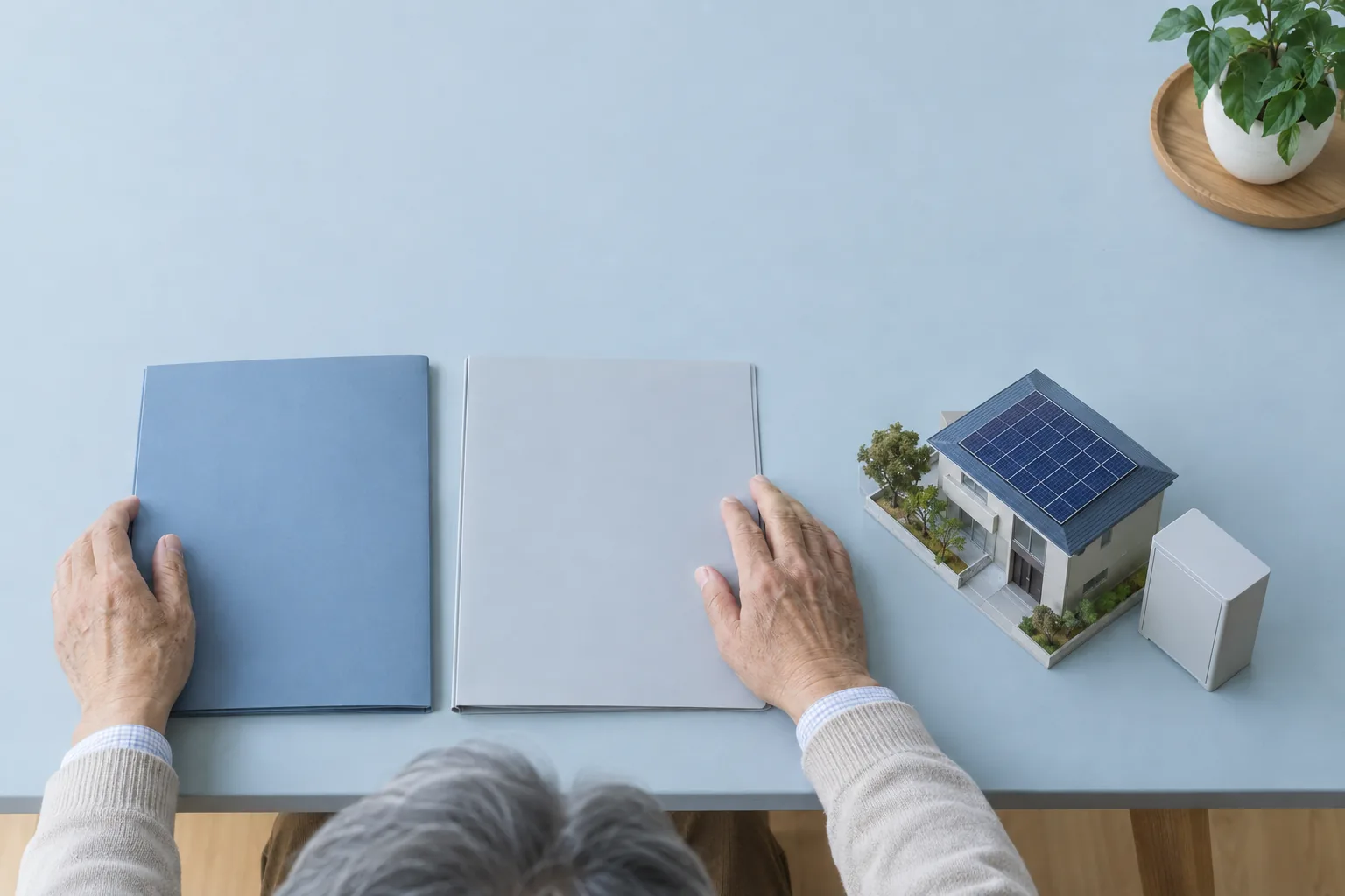 机の上に並べた2冊の書類ファイルと、太陽光パネルを載せた住宅の模型