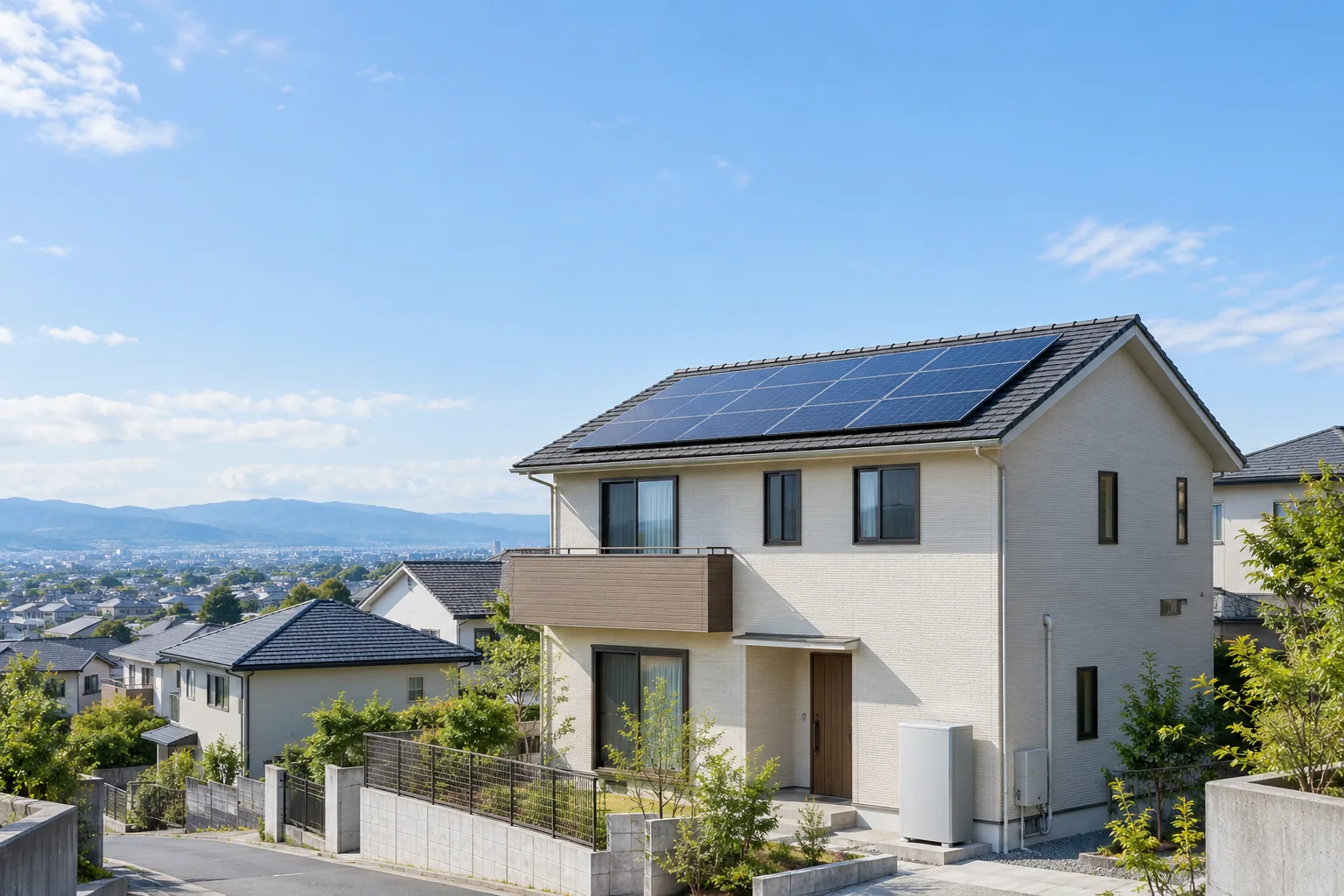 屋根に太陽光パネルを設置し、外壁のそばに家庭用蓄電池を置いた戸建て住宅のイメージ