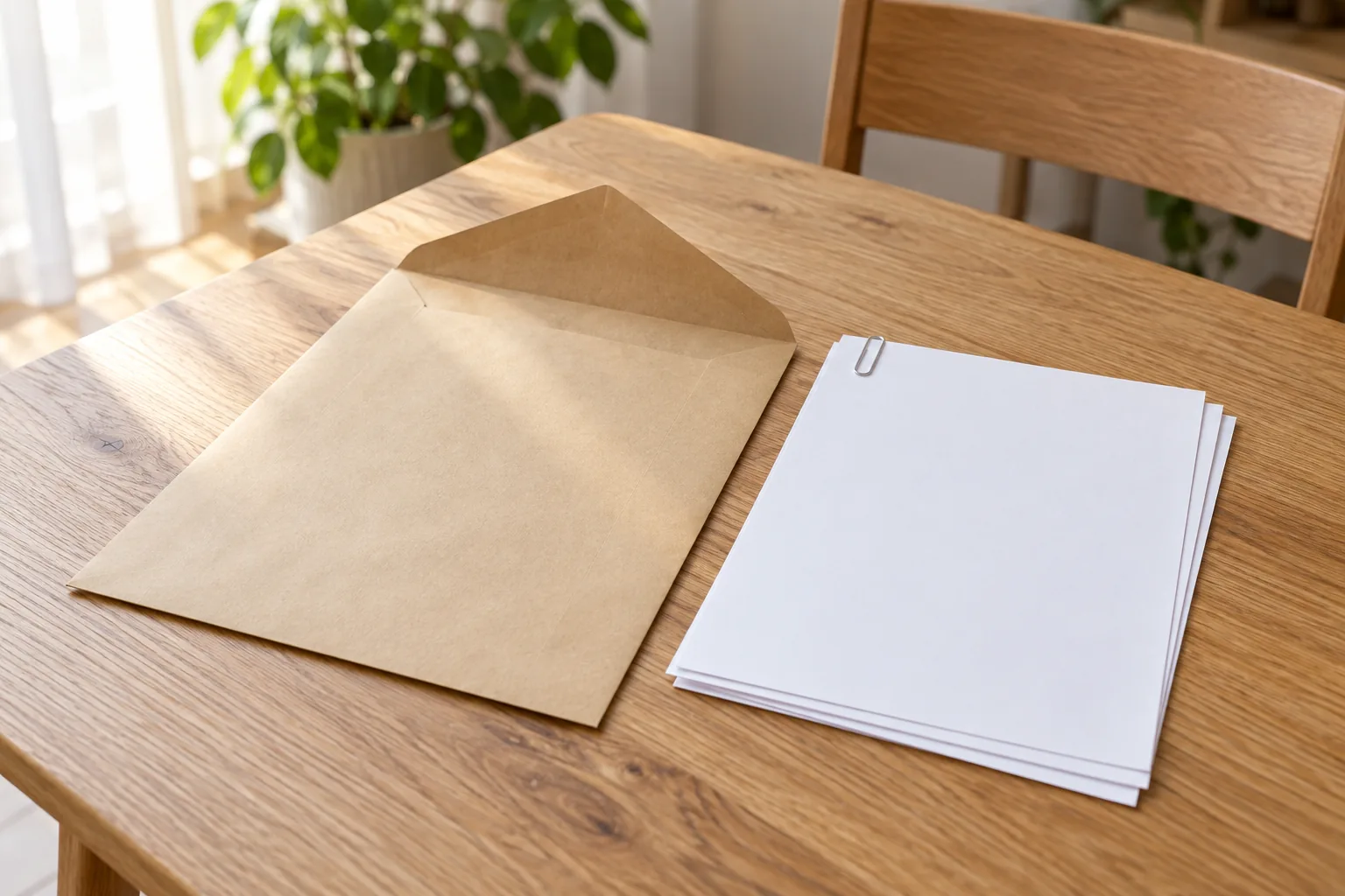 自宅の机にそろえた申請準備用の書類と封筒