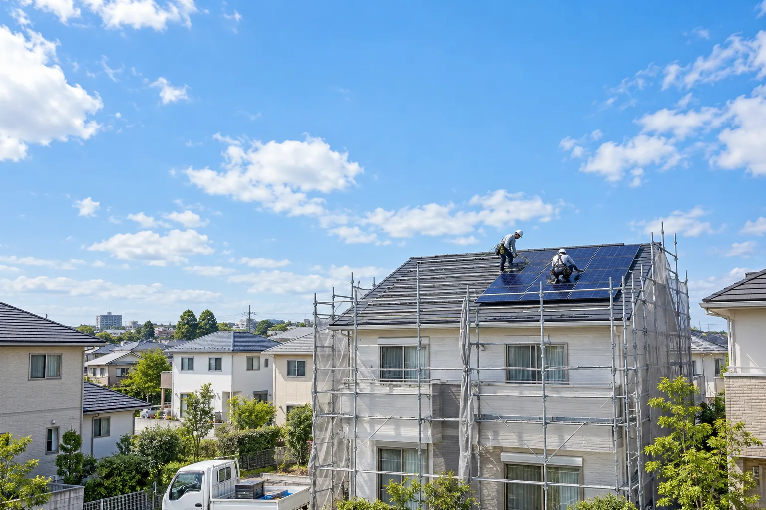日本の住宅街で戸建住宅に太陽光パネルを設置する施工者
