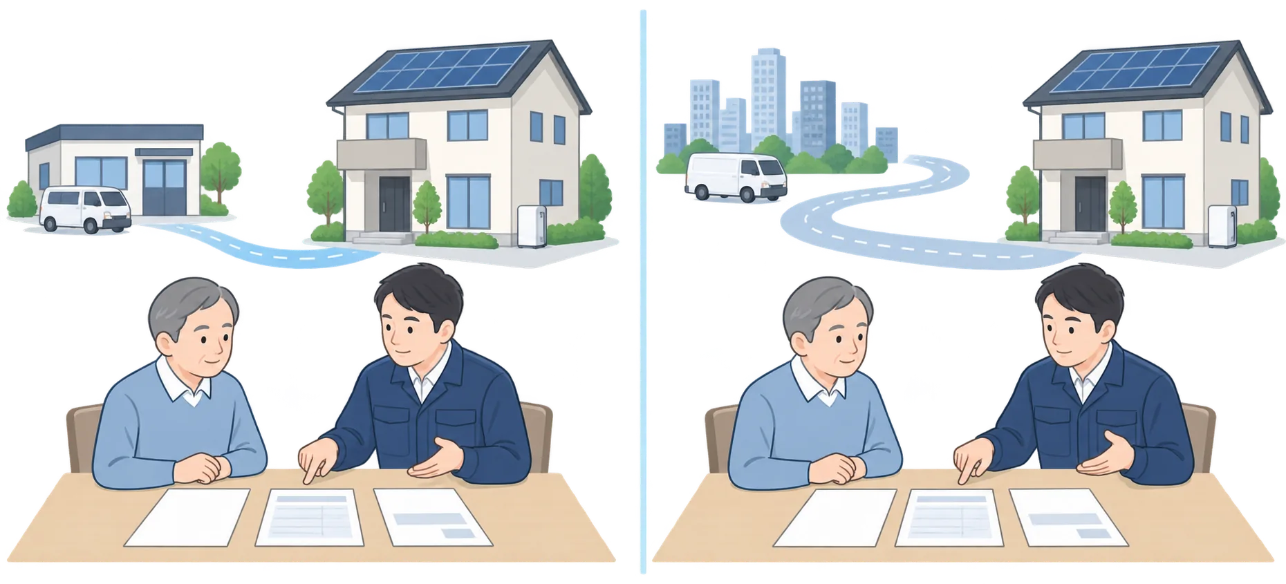 近隣に拠点を持つ施工業者と市外から来る施工業者へ依頼する場合の比較イラスト