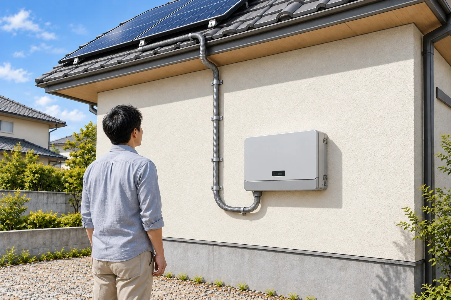 持ち主が住宅の外壁にあるパワーコンディショナーを離れた位置から目で確認する様子