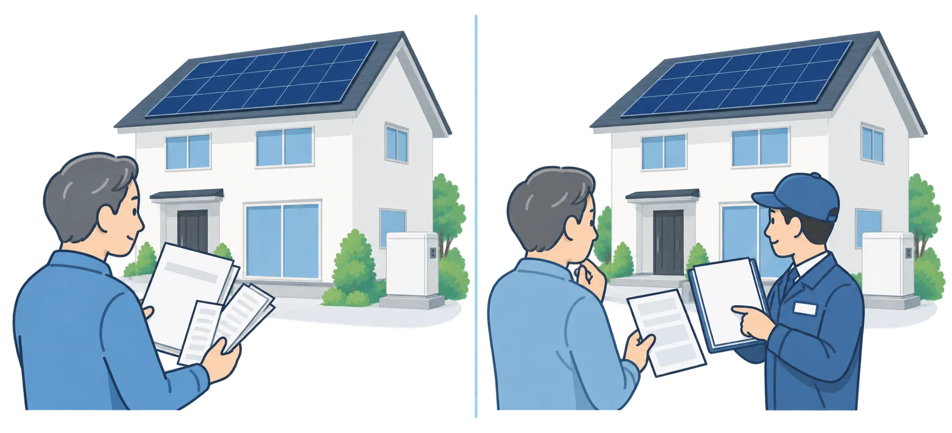 太陽光設備を購入する場合と初期費用ゼロの契約で導入する場合の比較イラスト