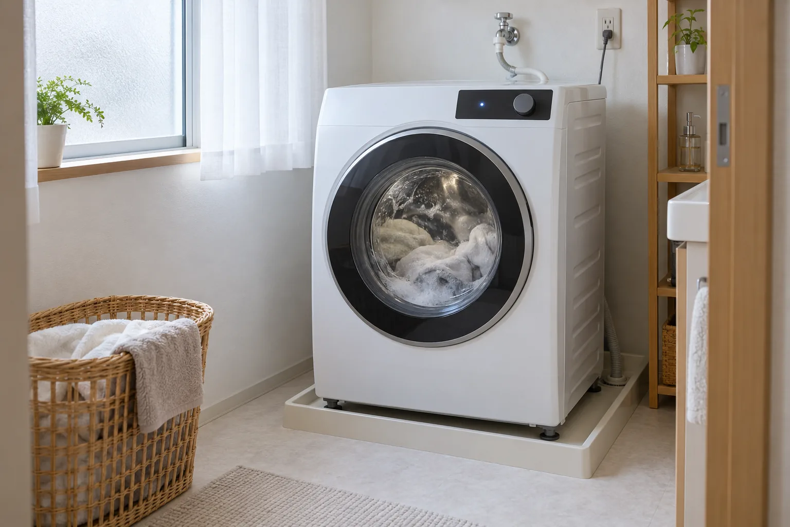 昼の自然光が入る洗濯室で洗濯機を使う暮らしのイメージ