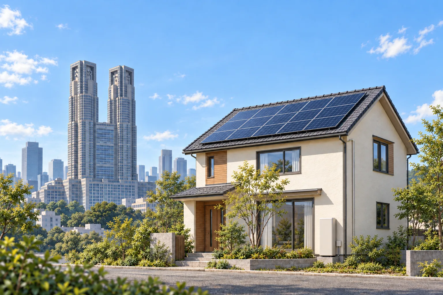 都庁を背景に、太陽光パネルと壁沿いの蓄電池がある架空の住宅を表現したAI生成画像