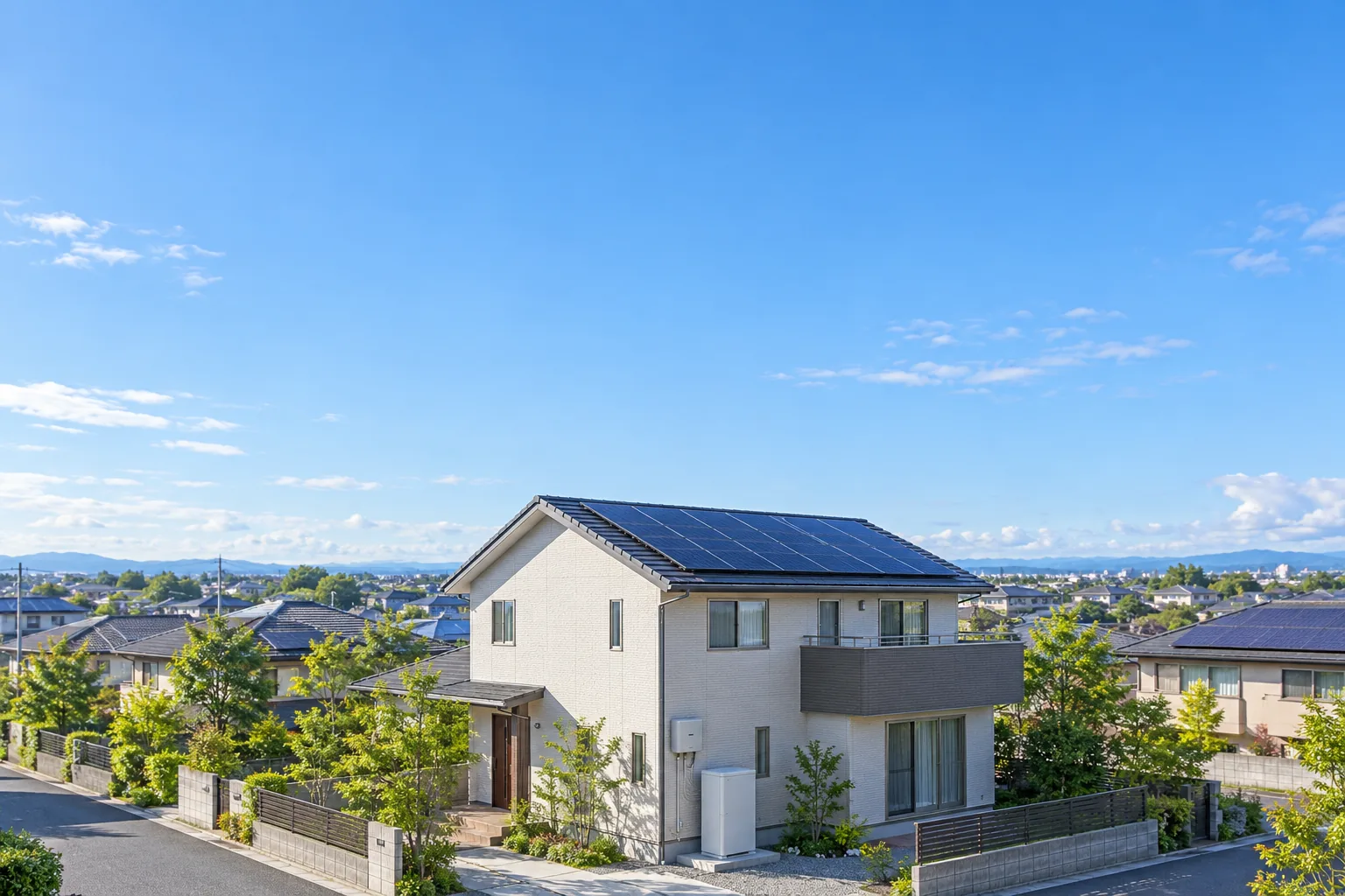 屋根の太陽光パネルと屋外の蓄電池を備えた戸建て住宅のイメージ