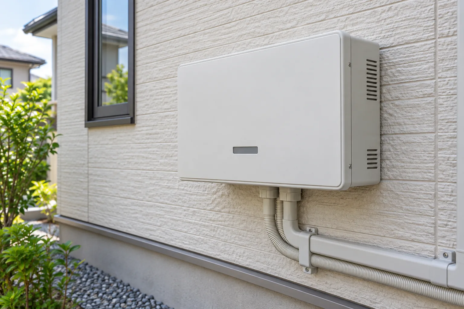 住宅の外壁に設置された壁掛け型のパワーコンディショナのイメージ