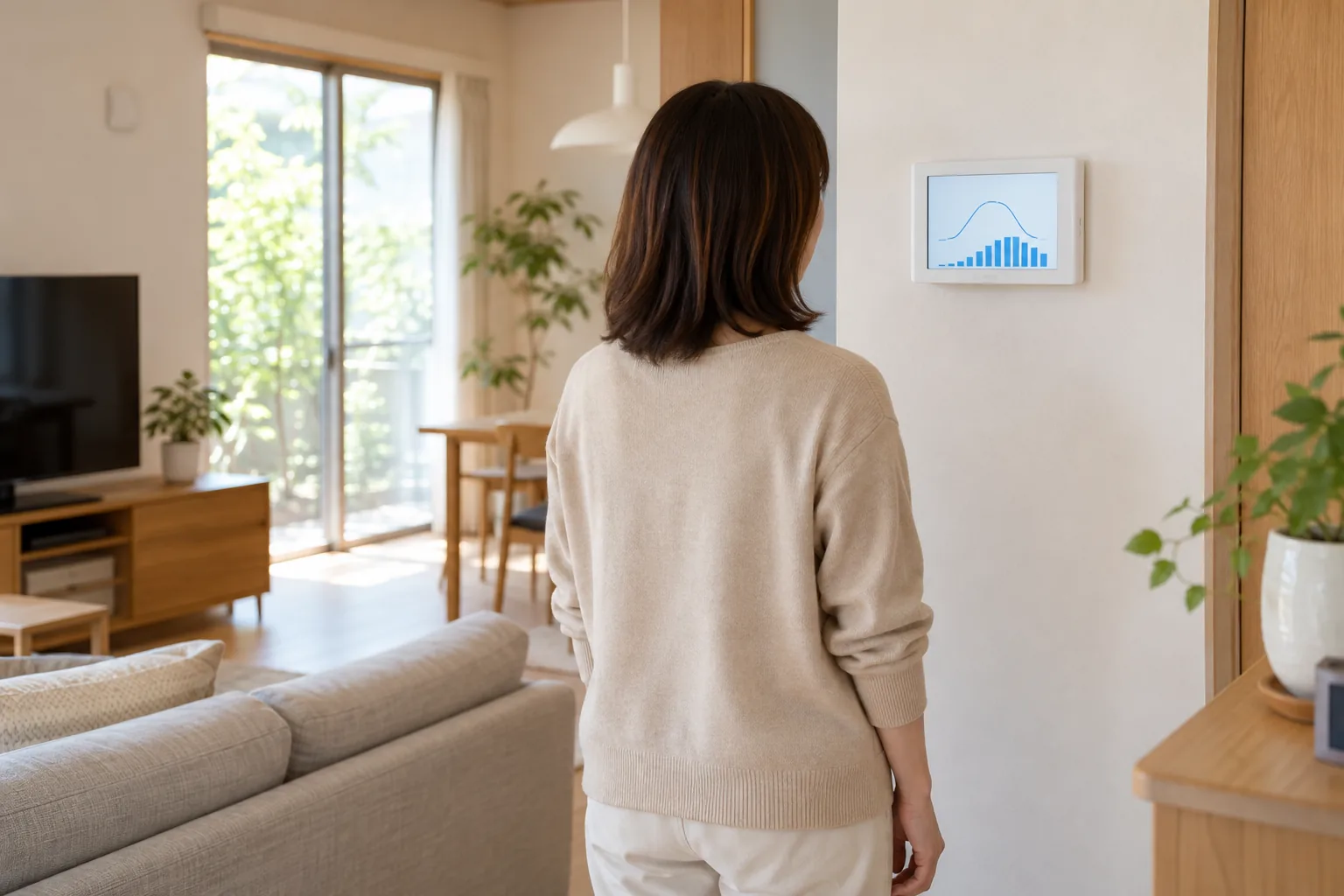 室内で壁の発電モニターを確認する所有者の後ろ姿