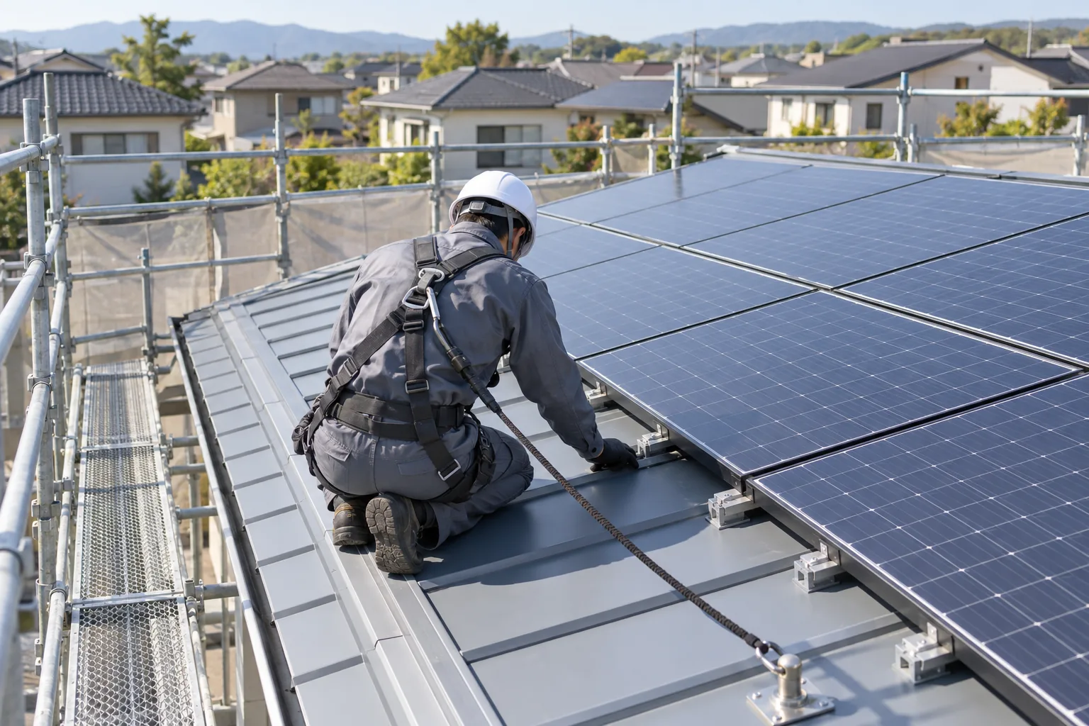 安全帯と足場を使い、屋根の太陽光パネルと架台を確認する技術者の後ろ姿