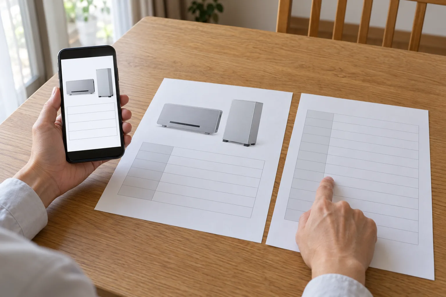 購入前に製品資料と見積資料をスマートフォンの情報と照らし合わせる手元のイメージ