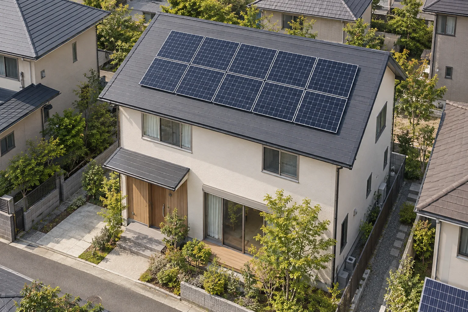 太陽光パネルを設置した戸建て住宅を斜め上から見たイメージ