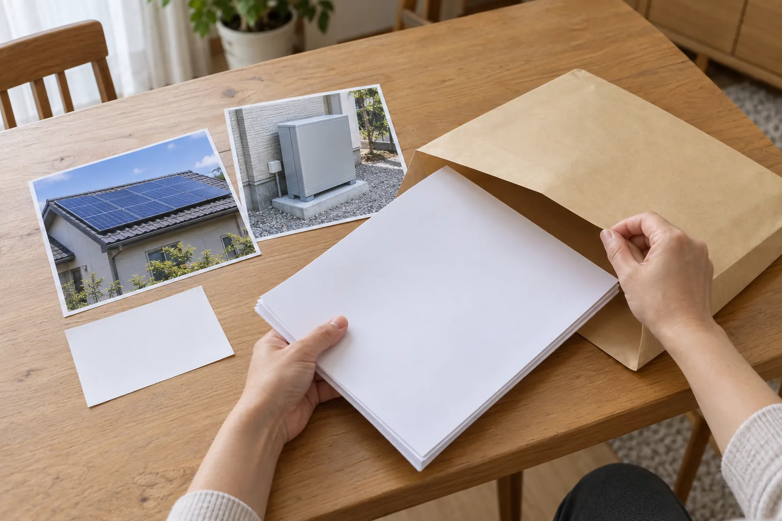 設置後の太陽光と蓄電池の写真と紙の書類を封筒にまとめる手元